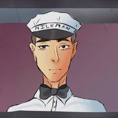 an animated man wearing a sailor's hat and bow tie with the words milkman on it