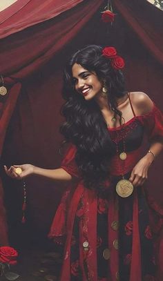 a woman in a red and black dress holding a gold coin next to a rose