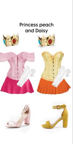 the princess peach and daisy costume is shown in three different colors, including pink, orange,