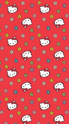 an image of hello kitty wallpaper with flowers and butterflies on the red background,