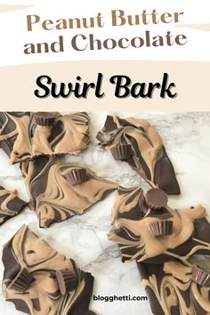 peanut butter and chocolate swirl bark on a marble counter