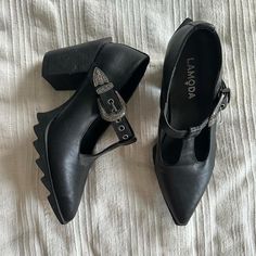 Lamoda Black And Silver Buckle Heels With Pointed Toe Size 7 Never Worn 87$ New Black Pointed Toe Heels With Silver Studs, Tommy Hilfiger Heels, Chanel Heels, Buckle Heels, Blue Suede Pumps, Burgundy Heels, Black Peep Toe Heels, Strappy Block Heels, Bow Heels