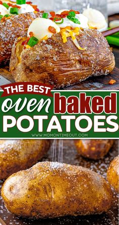 the best oven baked potatoes recipe is in this postcard style photo with text overlay