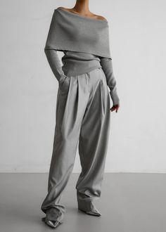 Lizzie Off The Shoulder Top - Grey – The Frankie Shop Gray Off Shoulder Top Outfit, Elegant Fitted Off-shoulder Top For Fall, Elegant Off-shoulder Top, Spring Fitted Off-shoulder Top For Workwear, Fitted Off-shoulder Top For Spring Workwear, Elegant Off-shoulder Top For Workwear, Oversized Off-shoulder Winter Top, Chic Oversized Off-shoulder Top, Elegant Fall Cold Shoulder Off-shoulder Top