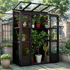 an outdoor greenhouse with potted plants in it