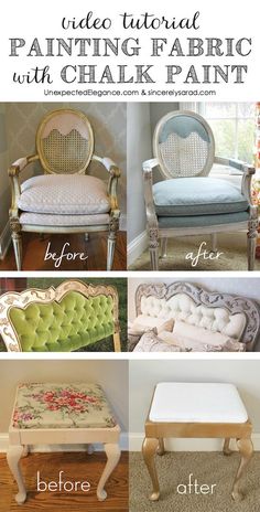 the before and after pictures of painting fabric with chalk paint, including an upholstered chair