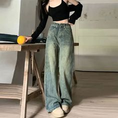 size: L, color: Retro Blue Wide Leg Jeans Women, High Rise Boyfriend Jeans, 90s Baggy, Retro Fashion Women, Perfect Fall Outfit, Stylish Fall Outfits, Jean Vintage, Moda Retro, Casual Wide Leg Pants