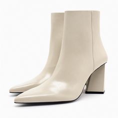 Nwt. Zara Cream Triangular Heeled Ankle Boots With Patent Effect Finish. Triangular Shaped Black Heel. Pointed Toe. Side Zip Closure. Heel Height: 2.8 Inches (7 Cm) Airfit. Flexible Technical Sole Made Of Latex Foam Designed To Offer Increased Comfort. Size 7,5. Ref. 1106/110. Sh10 Chic Martin Boots With Medium Width For Spring, Chic Spring Martin Boots Medium Width, Fitted Spring Ankle Martin Boots, Chic High Ankle Martin Boots For Spring, Spring Martin Ankle Boots With Reinforced Heel, Spring Ankle Martin Boots With Reinforced Heel, Spring Martin Boots With Pointed Toe And Medium Width, Spring Martin Boots With Medium Width And Pointed Toe, Spring Martin Boots Medium Width Pointed Toe