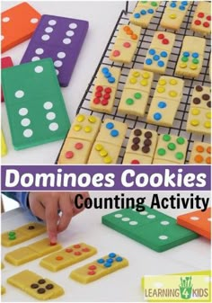 the cover of dominos cookies counting activity is shown with colorful squares and dices