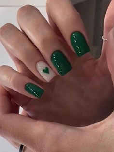 Dark Green Nails, Heart Nail, Her Nails, White Nail, Square Acrylic Nails