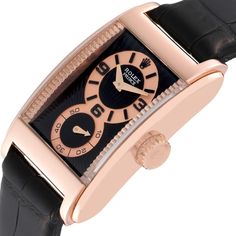 Rolex Cellini Prince Rose Gold Black Dial Leather Strap Mens Watch 5442. Manual winding movement. 18k Everose gold case 28.0 x 47.0 mm. Rolex logo on crown. Exhibition transparent sapphire crystal caseback. . Scratch resistant sapphire crystal. Black and rose gold dial with double "Rayon Flamme De La Gloire" guilloche. Small seconds subdial at 6 o'clock. Black leather strap with 18k rose gold double deployant clasp. Luxury Chronograph Watch Accessories For Formal Occasions, Luxury Chronograph Watch Accessories With Rectangular Dial, Designer Rose Gold Chronograph Watch, Luxury Rose Gold Watches With Subdials, Rose Gold Leather Watches With Diamond Hour Markers, Luxury Formal Watch Bands With Subdials, Luxury Watch Bands With Subdials For Formal Occasions, Luxury Rectangular Watch Band For Formal Occasion, Luxury Automatic Watches