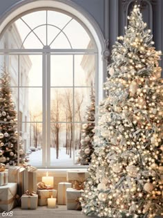 Elegant Winter Wonderland Photography Backdrop - Majestic Christmas tree with lights and ornaments set against a grand arched window in a winter wonderland scene. Christmas Scenes Photography, Winter Wonderland Family Photoshoot, Christmas Mansion Exterior, Winter Wonderland Christmas Tree Theme, Winter Wonderland Theme Decorations, Winter Wonderland Home Decor, Christmas Photo Background, White Christmas Background, Christmas Stage Design