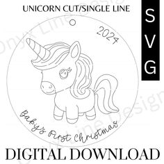 the unicorn cut and glue line is shown in black and white, with text that reads digital