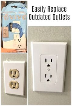 an electrical outlet with the words easy replace outdated outlets on it and pictures of how to use them