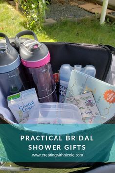 the practical bridal shower gifts are organized in a large container with water bottles and other personal items