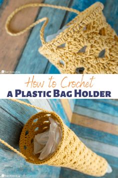 a crochet bag holder is shown with the text, how to crochet a plastic bag holder