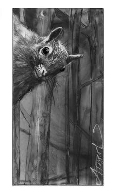 a black and white drawing of a squirrel peeking out from behind a tree trunk with its head sticking out