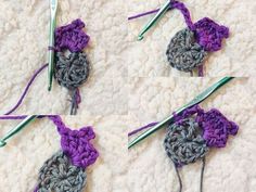 crocheted flowers are being worked on with yarn