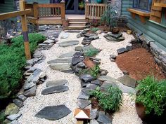 a garden with rocks and plants in front of a house