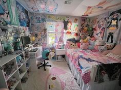 a bedroom with many stuffed animals on the walls