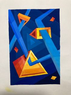 an abstract painting with blue, orange and yellow colors