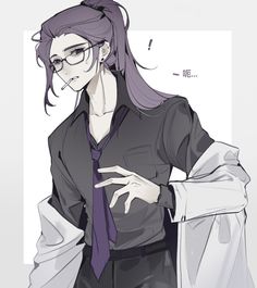 a drawing of a woman with glasses and a purple tie holding her hand out to the side