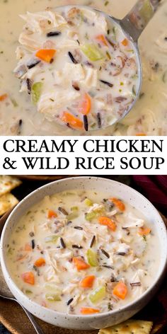 creamy chicken and wild rice soup in a white bowl with a ladle full of it