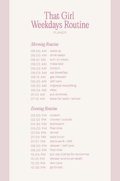 ✨ That Girl Weekday Routine ✨ Stay on top of your goals with a productive and balanced weekday routine! Start your mornings with a workout, a nourishing breakfast, and a skincare ritual. Stay organized with a daily to-do list, focused work sessions, and healthy meals. Prioritize self-care in the evenings with relaxation, journaling, and prepping for the next day. 🌸✨ #ThatGirlRoutine #HealthyHabits #ProductiveWeek #SelfCare #GlowUp Weekend Routines, Weekday Routine, Morning Workout Motivation, Morning Routines List, Weekend Routine, Selfcare Tips, Night Routines, School Routine For Teens, Morning Routine Productive