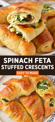 spinach feta stuffed croissants on a white plate with text overlay