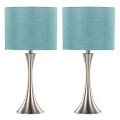 pair of modern metal table lamps with blue linen shades on each lamp, one is turned off and the other has a light blue shade