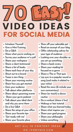 an info sheet with the words 70 easy video ideas for social media