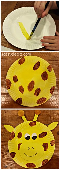 paper plate giraffe craft for kids to make with the child's hands