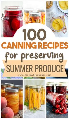 canning jars filled with fruit and vegetables are shown in this collage, the title reads'100 canning recipes for preserving summer produce