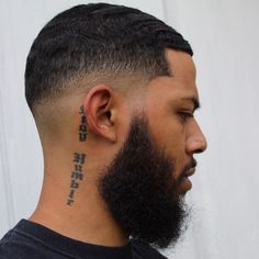 Ear Tattoo Men, Behind Ear Tattoo Men, High Taper, Short Fade Haircut, Black Men Beards, Haircut Curly Hair