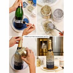 the process of making glitter champagne bottles is shown in three different pictures, including one being poured into a bottle