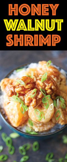 honey walnut shrimp is served on top of rice and garnished with scallions