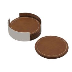 two brown coasters with white stitching on them and one has a leather backing