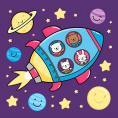 an image of a cartoon rocket with cats on it and planets in the back ground