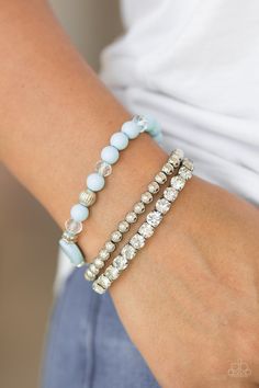 Glittery white rhinestones, silver accents, crystal-like and refreshing blue beads are threaded along three elastic stretchy bands, creating colorfully mismatched bands across the wrist. Sold as one set of three bracelets. Sparkle Fashion, Pastel Beads, Fashion Influencer, Box Accessories, Glam Style, Paparazzi Accessories, White Rhinestone, Exclusive Gift, Paparazzi Jewelry