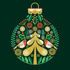 a christmas ornament with two birds sitting on it's side, surrounded by leaves and berries