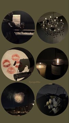 a collage of pictures with candles, flowers and chandelier in them on a dark background