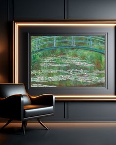 a chair sitting in front of a painting with water lilies and a bridge over it