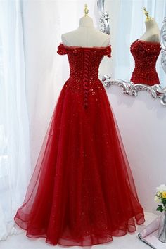 Off-shoulder Prom Dress With Corset Back, Red Gown With Corset Back For Formal Occasions, Red Corset Back Dress For Prom, Red Corset Back Dress For Prom Season, Red Floor-length Gown With Corset Back, Red A-line Ball Gown For Prom, Red Gown With Corset Back For Prom, Red Party Dress With Lace-up Back, Red Evening Dress With Corset Back For Formal Events