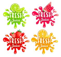 four fresh juice stickers with fruits and splashing on them, including watermelon, lemon, strawberry, orange