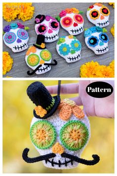 crocheted sugar skulls with hats and flowers on them are featured in the pattern