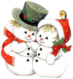 a christmas card with three snowmen wearing hats and scarfs, one is hugging the other