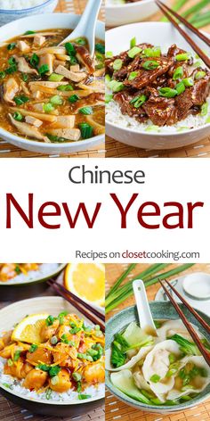 chinese new year's menu with various dishes and chopsticks