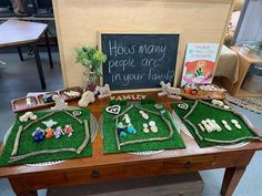 two cakes made to look like people are sitting on the table in front of a chalkboard