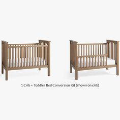 two wooden cribs with white sheets on each side and one toddler bed conversion kit shown on the bottom