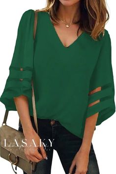 Lasaky - Elegant V-Neck Loose Fit Shirt-Style Casual Top in Pure Color with Seven-Quarter Sleeves Green V-neck Shirt For Spring, Patchwork Blouse, Women Chiffon Blouse, Peach Blouse, Patch Work Blouse, Loose Fit Shirts, Summer Sunshine, Flare Sleeves, Loose Shirt